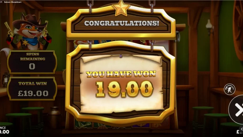 Saloon Showdown 10,000x اسلاٹ گیم کا ایک منظر جس میں شیرف اور سیلون کا پس منظر دکھایا گیا ہے۔