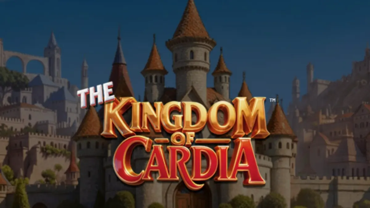 The Kingdom of Cardia slot game interface featuring whimsical card characters and garden background
